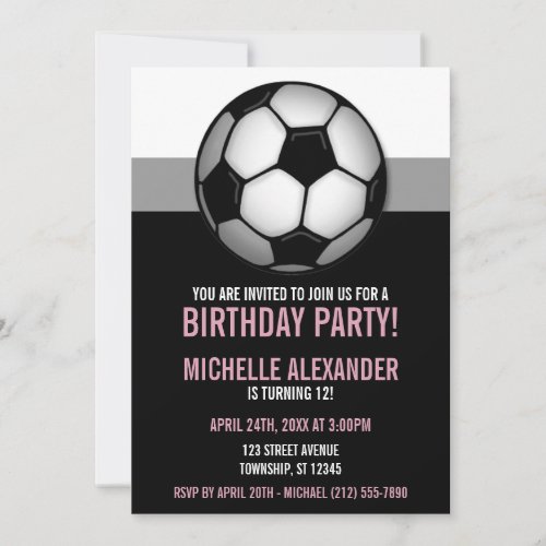 Soccer Ball Pink  Black Birthday Invitations