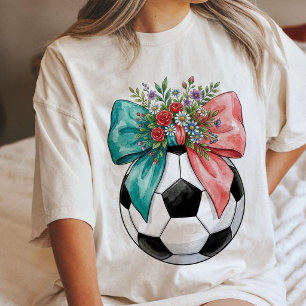 Soccer Ball Pink Blue Bows Floral Watercolor Art Tri-Blend Shirt