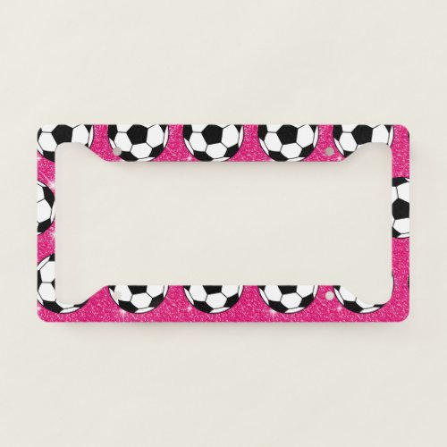 Soccer Ball Pink Frost Glitters Sport Player White License Plate Frame