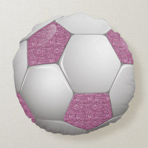 Soccer Ball Pink Glitter Effect Round Pillow