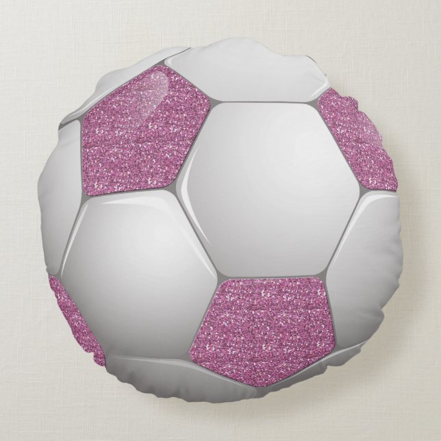 Soccer Ball Pink Glitter Effect Round Pillow (Back)