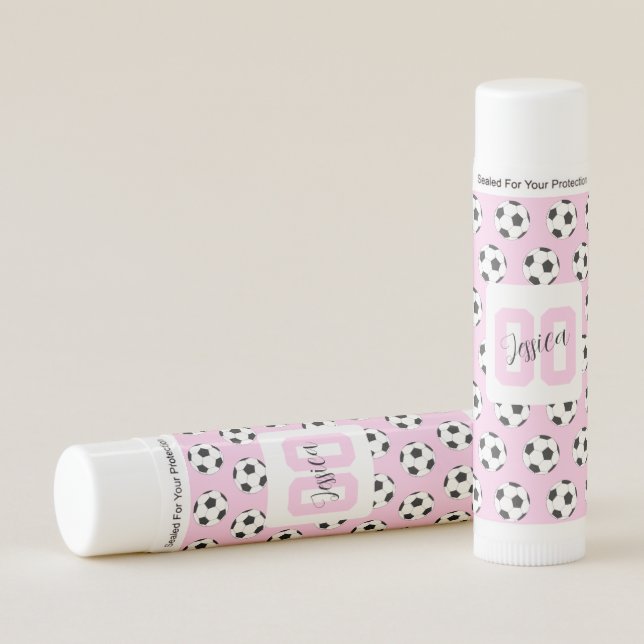 Soccer Ball Pink Pattern Player Name Number Lip Balm (Front)
