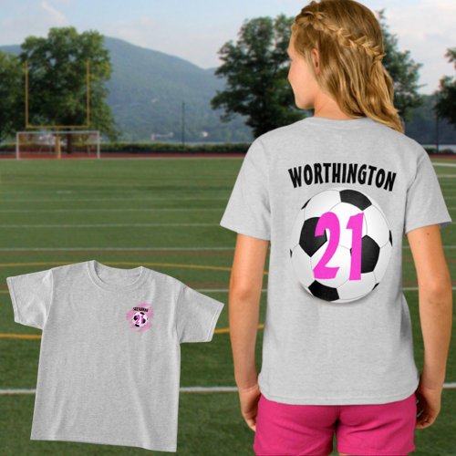 Soccer Ball Pink Text Front and Back Design T_Shirt