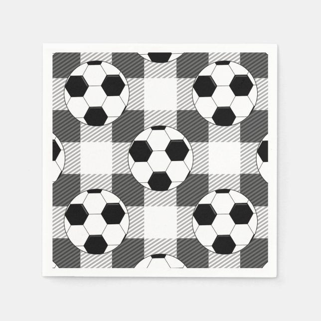 Soccer Ball Plaid Pattern In Black White and Gray Napkins (Front)