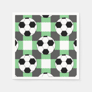 Soccer Ball Plaid Pattern In Black White and Gray Napkins
