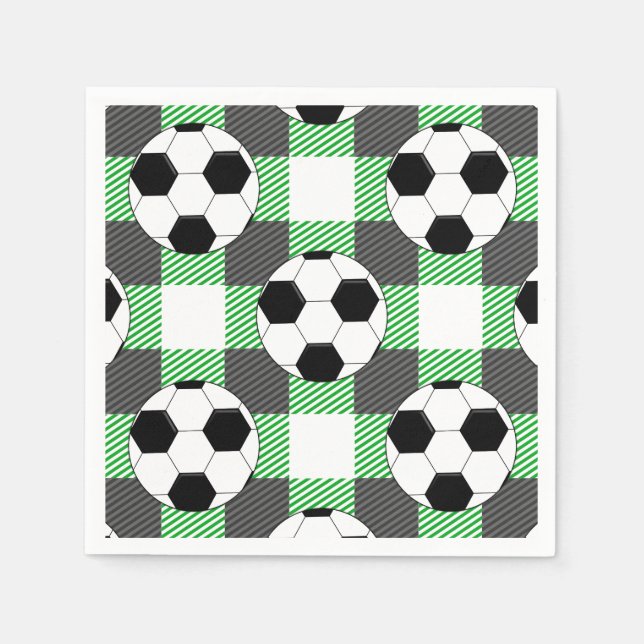 Soccer Ball Plaid Pattern In Black White and Gray Napkins (Front)