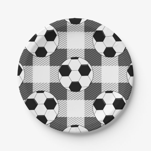 Soccer Ball Plaid Pattern In Black White and Gray Paper Plates (Front)