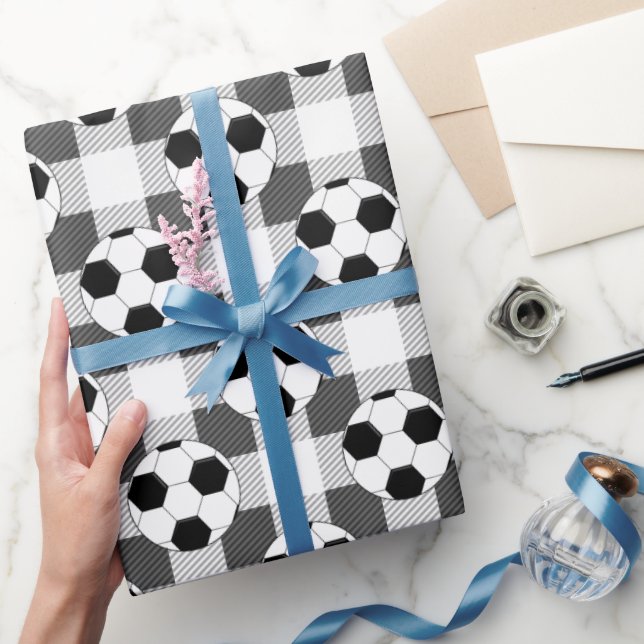 Soccer Ball Plaid Pattern In Black White and Gray Wrapping Paper (Gifting)