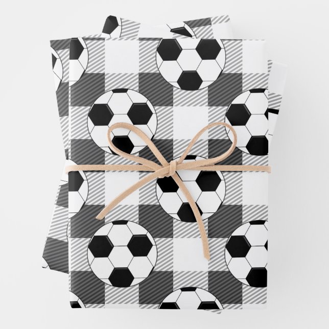 Soccer Ball Plaid Pattern In Black White and Gray Wrapping Paper Sheets (In situ)
