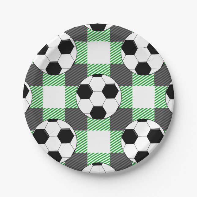 Soccer Ball Plaid Pattern In Black White and Green Paper Plates (Front)