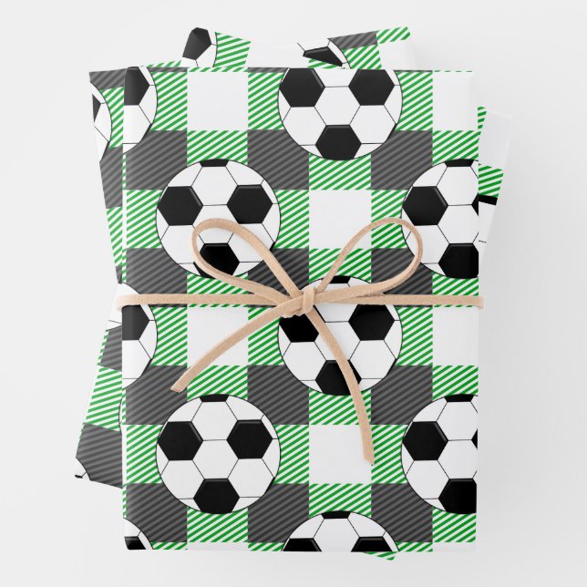 Soccer Ball Plaid Pattern In Black White and Green Wrapping Paper Sheets (In situ)