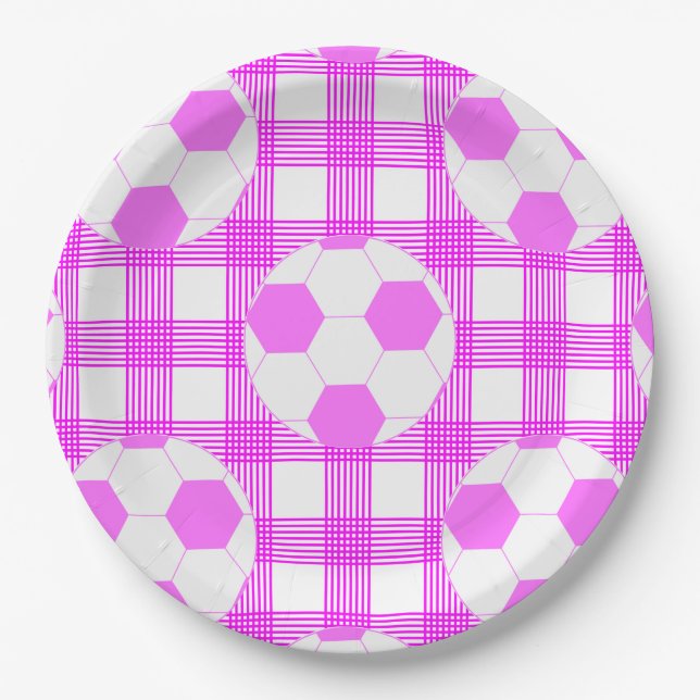 Soccer Ball Plaid Pattern In White and Pink Paper Plates (Front)