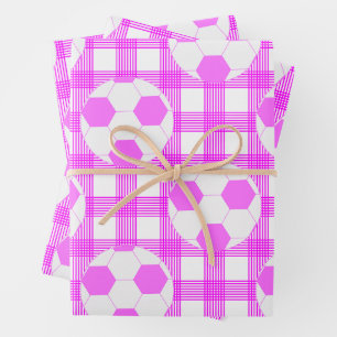 Soccer Ball Plaid Pattern In White and Pink Wrapping Paper Sheets
