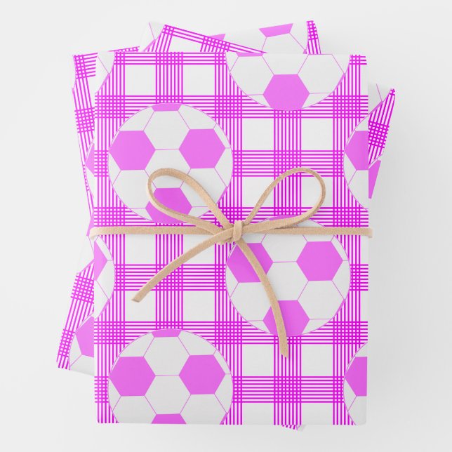 Soccer Ball Plaid Pattern In White and Pink Wrapping Paper Sheets (In situ)