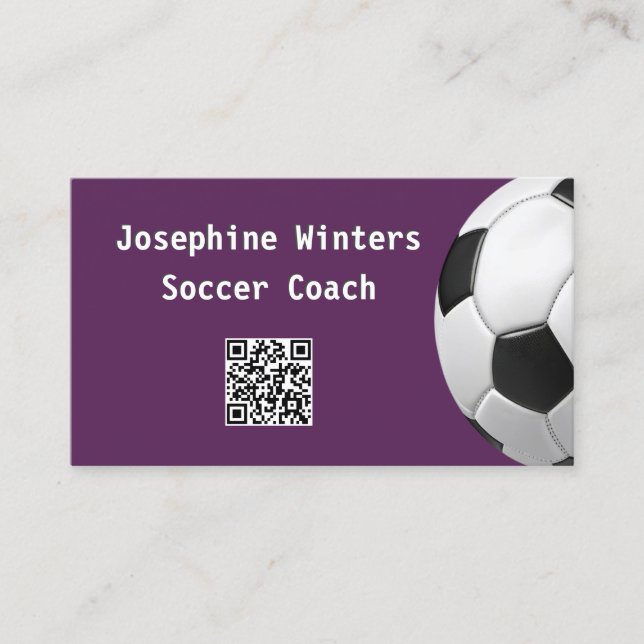 Soccer Ball Purple QR Code Minimal Football Coach Business Card (Front)