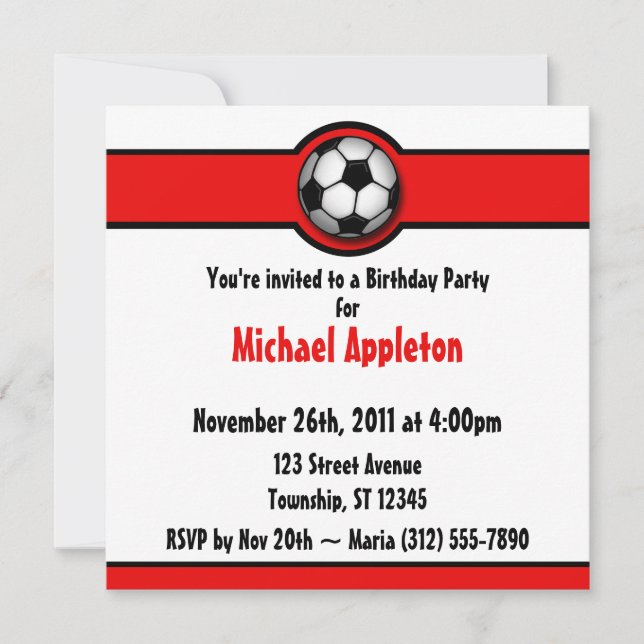 Soccer Ball Red Birthday Invitations (Front)