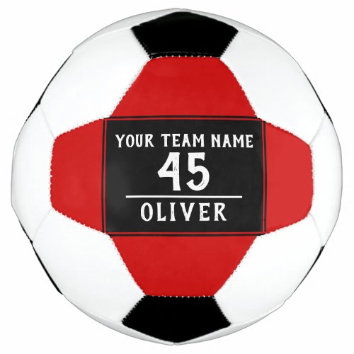 Soccer Ball Red Black with Team Name Number - Soccer Ball Red Black with Team Name Number of the player. Personalizable soccer ball with the team name, team number and player`s name. You can easily personalize the ball. The text is in trendy white color on a black background. Great for a soccer player, soccer lover, as a gift or a keepsake ball.