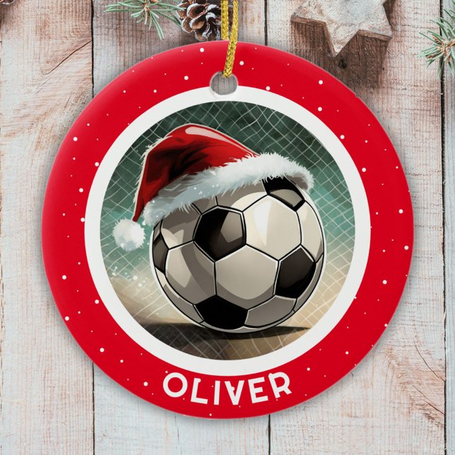 Soccer Ball Red Santa Hat Christmas Kid`s Name  Ceramic Ornament (Creator Uploaded)