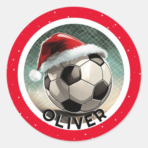 Soccer Ball Red Santa Hat Christmas Kids Name  Classic Round Sticker