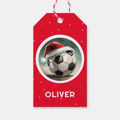 Soccer Ball Red Santa Hat Christmas Kids Name  Gift Tags