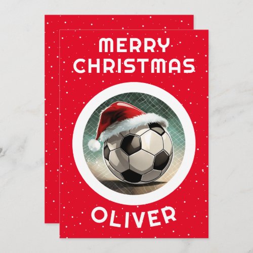 Soccer Ball Red Santa Hat Christmas Kids Name  Holiday Card