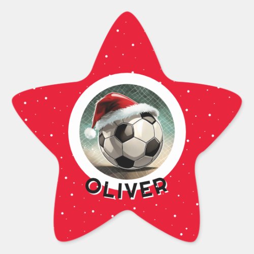 Soccer Ball Red Santa Hat Christmas Kids Name  Star Sticker