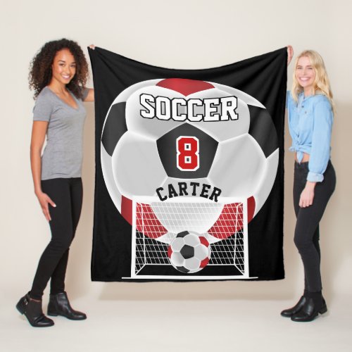 Soccer Ball _ Red White and Black Fleece Blanket