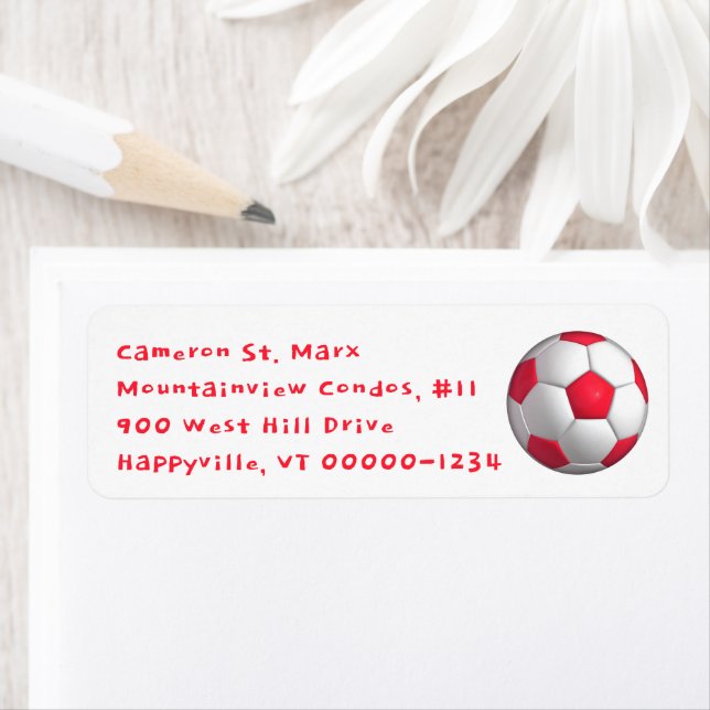 Soccer Ball Return address labels Red (Insitu)