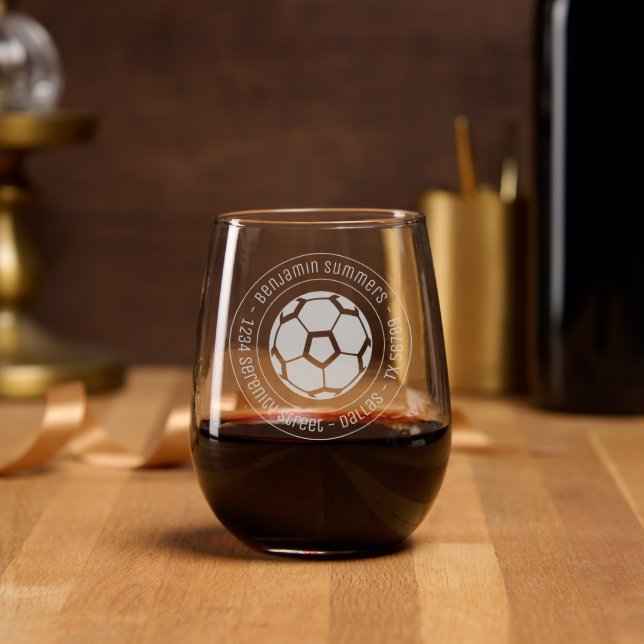 Soccer Ball Round Address Stemless Wine Glass (Party)