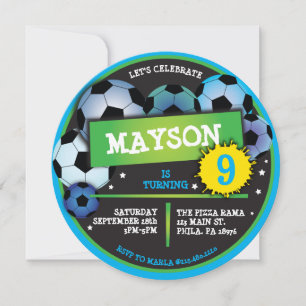 SOCCER BALL ROUND Blue Birthday Party Invitation