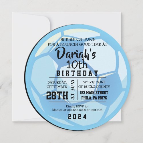 SOCCER BALL ROUND Blue Birthday Party Invitation