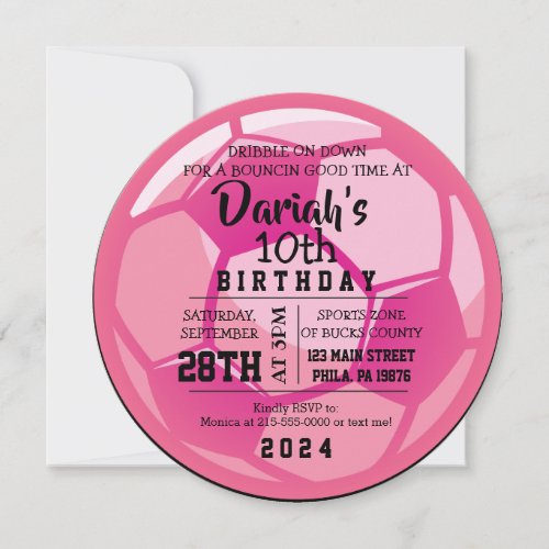 SOCCER BALL ROUND Pink Birthday Party Invitation