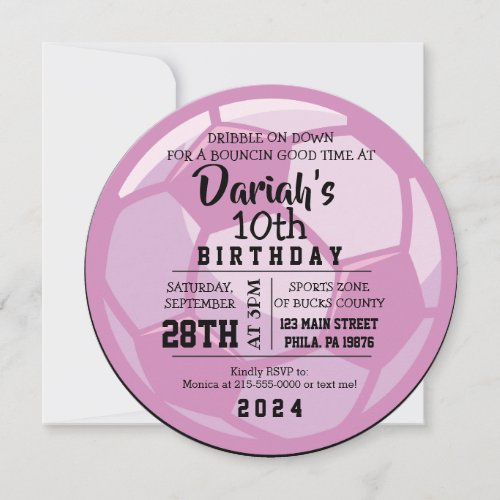 SOCCER BALL ROUND Pink Birthday Party Invitation