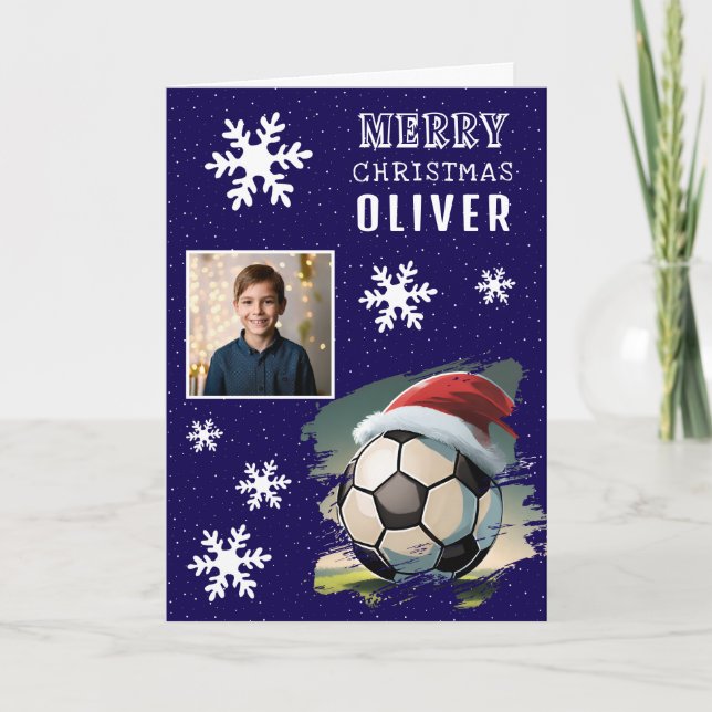 Soccer Ball Santa Hat Kids Photo Christmas Card (Front)