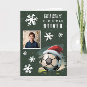Soccer Ball Santa Hat Kids Photo Christmas Card