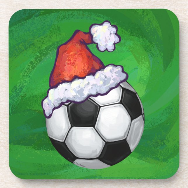 Soccer Ball Santa Hat on Green Beverage Coaster (Front)