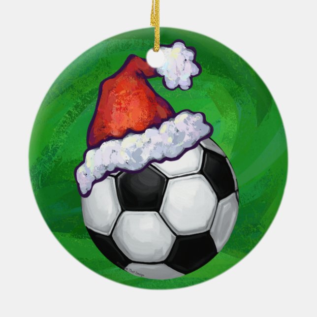 Soccer Ball Santa Hat on Green Ceramic Ornament (Back)