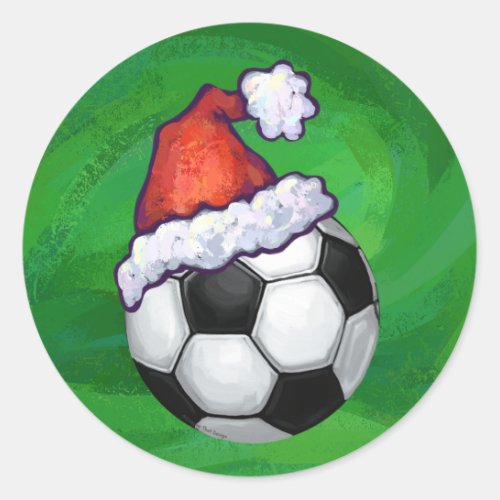 Soccer Ball Santa Hat on Green Classic Round Sticker