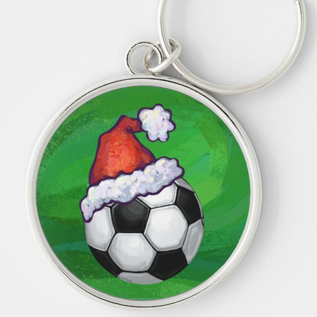 Soccer Ball Santa Hat on Green Keychain (Front)
