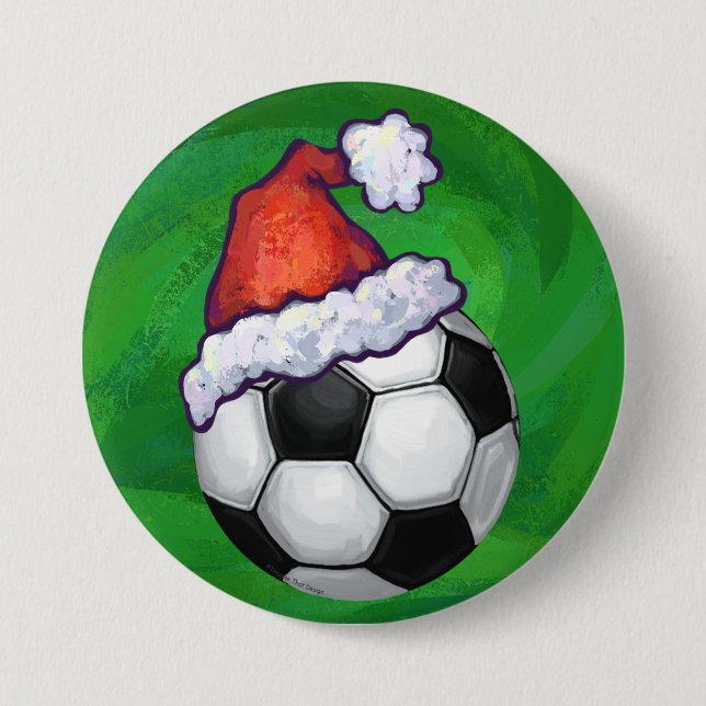 Soccer Ball Santa Hat on Green Pinback Button (Front)