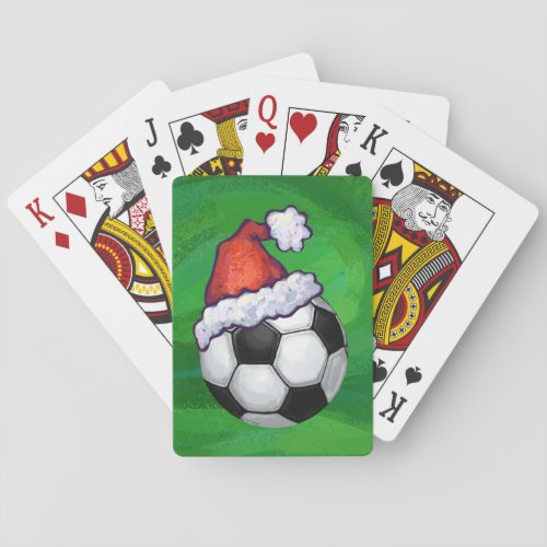 Soccer Ball Santa Hat on Green Playing Cards
