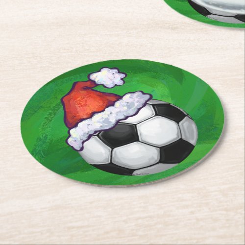 Soccer Ball Santa Hat on Green Round Paper Coaster