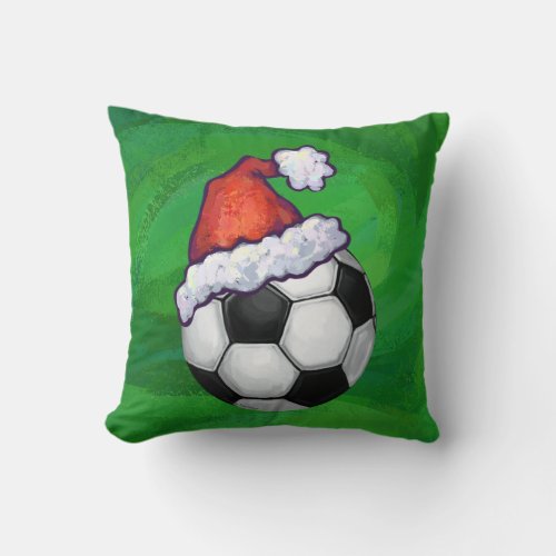 Soccer Ball Santa Hat on Green Throw Pillow