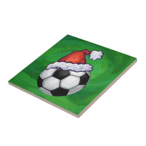 Soccer Ball Santa Hat on Green Tile