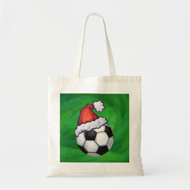 Soccer Ball Santa Hat on Green Tote Bag (Front)