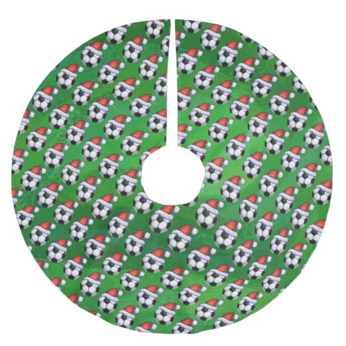 Soccer Ball Santa Hat Pattern on Green Brushed Polyester Tree Skirt