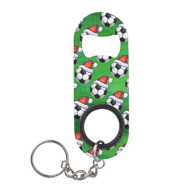 Soccer Ball Santa Hat Pattern on Green Keychain Bottle Opener (Front)