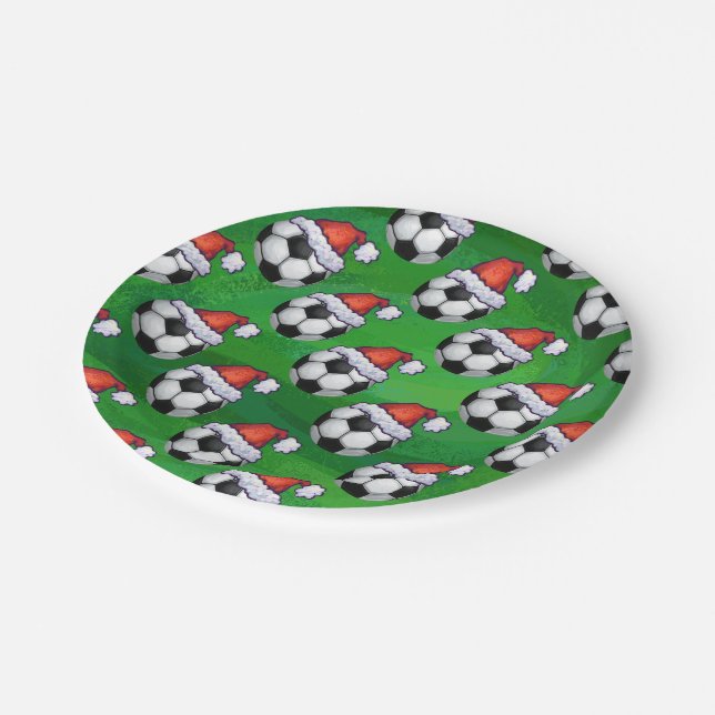 Soccer Ball Santa Hat Pattern on Green Paper Plates (Angled)