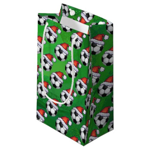 Soccer Ball Santa Hat Pattern on Green Small Gift Bag