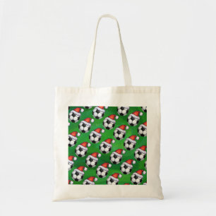 Soccer Ball Santa Hat Pattern on Green Tote Bag